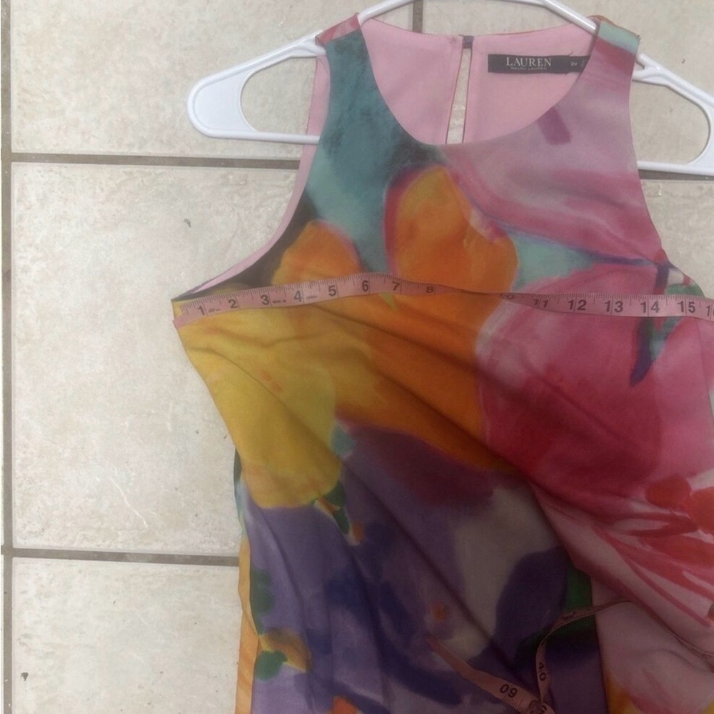 LAUREN RALPH LAUREN Watercolor Floral Crepe Shift Dress Vibrant Pastel 2p Lined - Picture 8 of 9